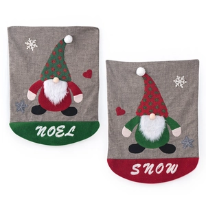 Coprisedie natalizi con gnomi in tessuto spigato grigio con ricami Noel e Snow decorativi