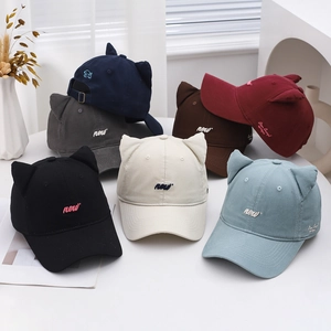Cute Cat Ear Baseball Cap Cotton Twill Letter Embroidery Adjustable Sun Hat For Women Casual Fashion