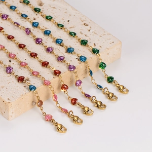 Colorful glitter heart-shaped charms on gold-plated stainless steel chain bracelets