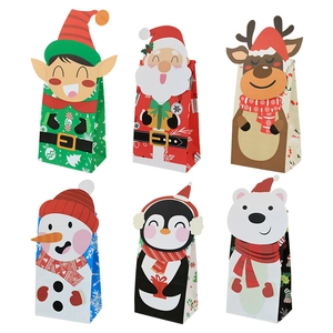 Christmas Kraft Paper Food Bags With Seals Reusable Cartoon Santa Reindeer Snowman Pattern Gift Packaging Bags For Holiday Party Decor