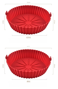 Detailed size comparison of red round silicone air fryer liners with oil drainage grooves