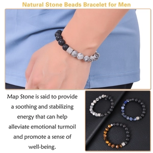 Detailed view of men's natural stone bracelets including volcanic rock and map stone