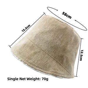 Khaki corduroy bucket hat with plush lining and dimensions showing 58cm circumference