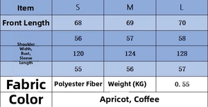 Detailed size chart for women's two-piece set showing length, chest, and shoulder measurements