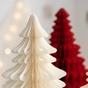 Minimalist cream and dark red origami honeycomb paper Christmas tree ornaments