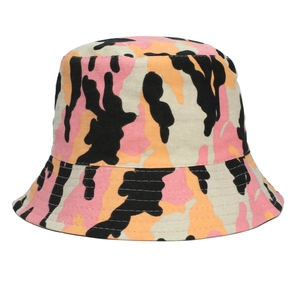 Close-up of pink and orange camouflage cotton bucket hat with parallel stitching details