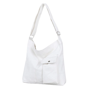 Minimalistische witte canvas schoudertas met voorvak en verstelbare riem voor dames