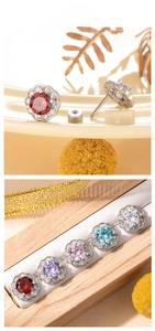 Detail showing five-color flower zircon earrings with screw-back design and silver studs