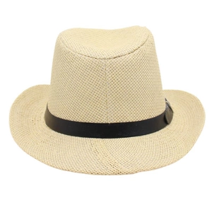 Detailed close-up of beige woven straw cowboy hat with black leather decorative band