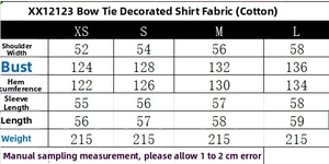 Size guide for poplin shirt with bow detail showing shoulder, bust, and length measurements