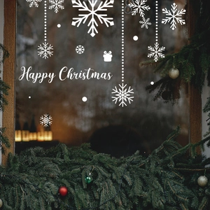 White Christmas snowflake window stickers with Happy Christmas text for home glass decor