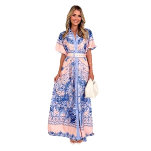 Elegant pink floral maxi dress with stand collar and high-waisted pleated skirt set