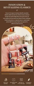 Detail of 3D miniature moka pot and coffee grinder zinc alloy keychains in three finishes