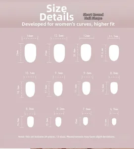 Size chart showing 24 pieces of short round press-on nails in various width and height dimensions