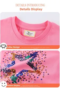 Détail du t-shirt rose pour fille avec col rond et broderie d'étoiles en paillettes colorées