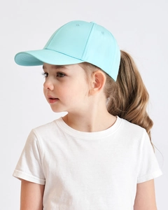 Close-up of light blue cotton baseball cap worn by a child for outdoor sports