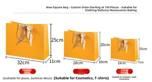 Detailed size chart for paper gift bags with bow handle for clothing and cosmetics