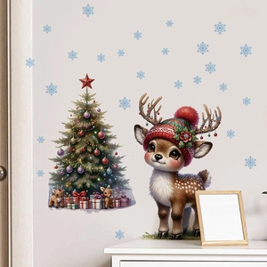 Sticker mural de Noël avec renne, arbre et flocons pour décoration festive intérieure