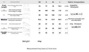 Detailed size chart for women's tweed blazer showing chest, sleeve and shoulder measurements