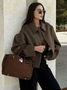 Giacca in lana marrone oversize da donna con cerniera di alta qualità e collo a revers