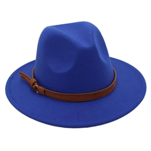 Detail of dark blue wool fedora hat featuring a stylish brown leather belt buckle strap