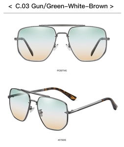 Dettaglio occhiali da sole aviator gunmetal con lenti sfumate verde-bianco-marrone e doppio ponte
