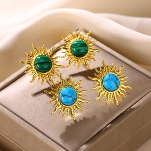 18k gold stainless steel sunflower earrings with turquoise and malachite inlay