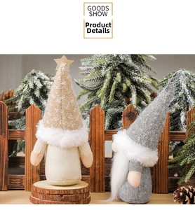 Detailed view of handmade Christmas gnomes with knitted hats and soft faux fur beards