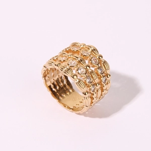 Fashionable gold-plated wide band wheat pattern ring with rows of shimmering cubic zirconia