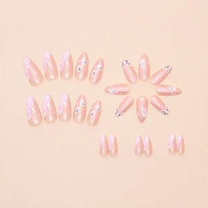 Halloween almond false nails featuring cute white ghosts and pink abstract patterns