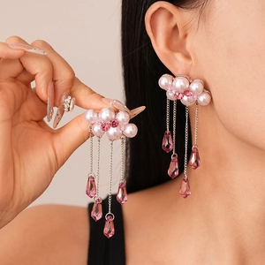 Pink cloud faux pearl earrings with long crystal tassels and silver needle backing