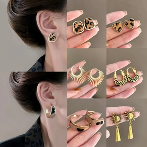 Boucles D'oreilles Créoles Géométriques Vintage En Cuivre À Imprimé Léopard Avec Tige En Argent Sterling 925 Chic