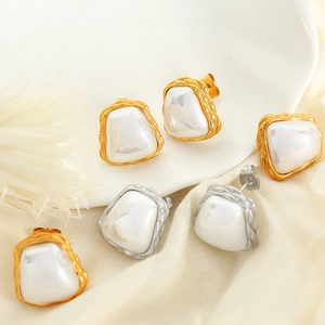 Vintage Irregular Square Stud Earrings With Imitation Artificial Pearl And Stainless Steel Twisted Rope Border For Women Light Luxury