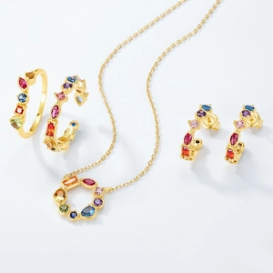 S925 sterling silver jewelry set with colorful zircon stones in gold plating