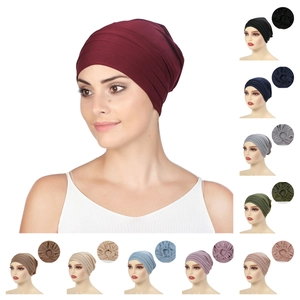 Women Turban Hat Pleated Solid Color Polyester Elastic Back Headwear Chemo Cap Daily Breathable Soft Comfortable