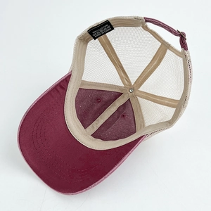 Burgundy and beige washed mesh baseball cap with adjustable strap and 100% cotton material