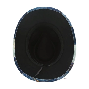 Detail view showing adjustable drawstring and denim patchwork pattern on wide brim jazz hat