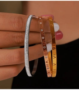 Detailed macro shot of three titanium steel bangles with Roman numerals and inlaid zircons