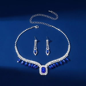 Sparkling crystal square blue necklace and earrings set with white rhinestones
