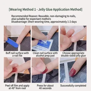 Kids press-on nail application guide showing jelly glue and cleaning kit usage