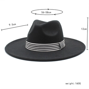 Detailed size guide for black felt fedora hat with 9.5cm brim and 12cm crown height