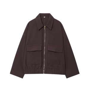 Veste Femme À Fermeture Éclair Polyester Revers Manches Longues Décontracté Couleur Unie Cargo Vêtements D'extérieur Avec Poches Ourlet Élastique