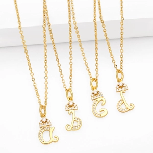 Fashion Copper Initial Letter Pendant Necklace With Zirconia Crown Small Alphabet Gold Plated Clavicle Chain Jewelry For Women