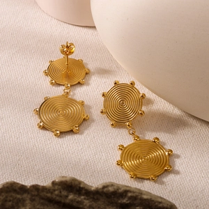 Chic 18k gold plated double disc earrings with spiral texture and beaded edges
