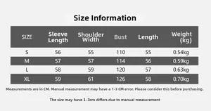 Tableau des tailles détaillé pour veste motard en similicuir avec mesures de manches et buste