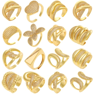 Minimalist Copper Zirconia Open Ring For Women Fashion Gold Plated Geometric Adjustable Finger Ring Jewelry Gift