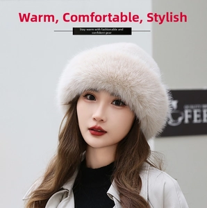 Detailed texture of thick ivory faux fur winter hat with warm ear protection design