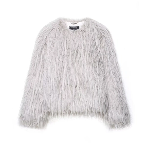 Women Faux Fur Coat Round Neck Long Sleeve Warm Winter Jacket Solid Color Elegant Outerwear Streetwear