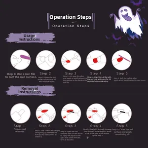 Detailed application and removal guide for Halloween theme press-on nails with illustrations