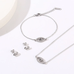 Ensemble détaillé collier, bracelet et boucles d'oreilles œil porte-bonheur en argent